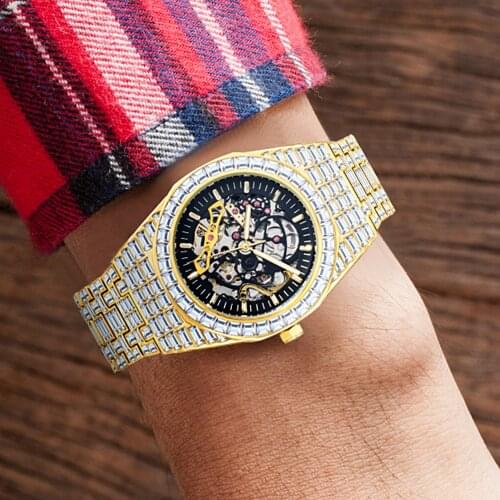 MISSFOX Men Mechanical Watch Vintage Full Diamond Silver Wristwatch Automatic Self-Wind Male Watches Gold Balance Wheel Openwork