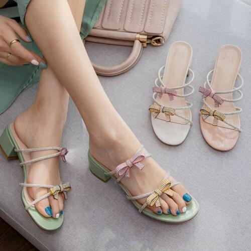 AGODOR Ladies Open Toe Mules Glitter for Women Mid Heel Slides Bow Slip on Slipper Casual Summer Shoes Ladies Pumps Size 34-43