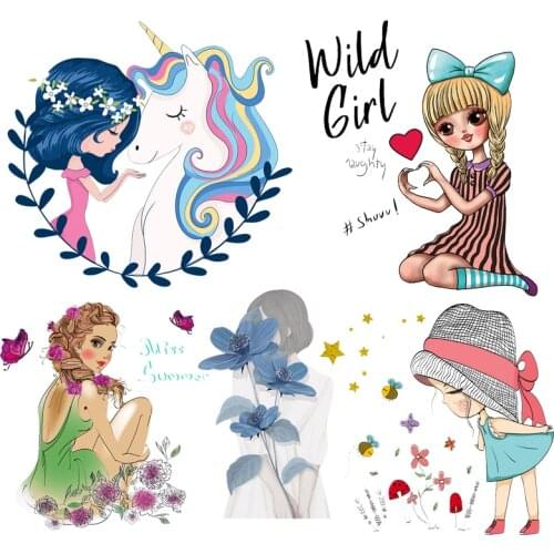 Unicorn Girl Clothing Stickers Cartoon Butterfly Flowers Applique DIY Iron-On Transfers For Clothing Iron On Patches For Clothes