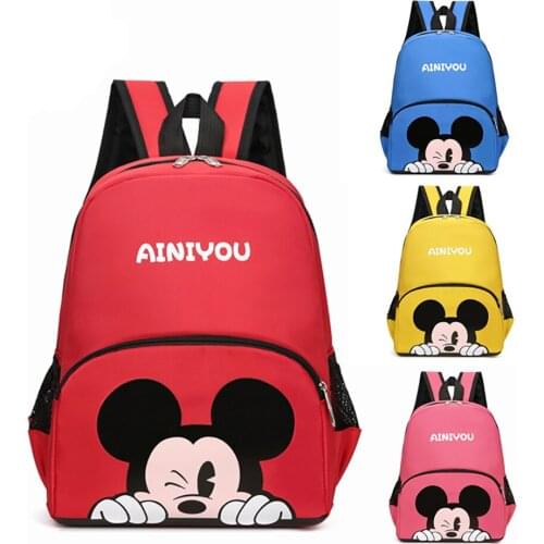 2021 New Disney Solid Color Childrens School Bag Red Yellow Blue Pink Kindergarten Cute Cartoon Mickey Mouse Pattern Backpack