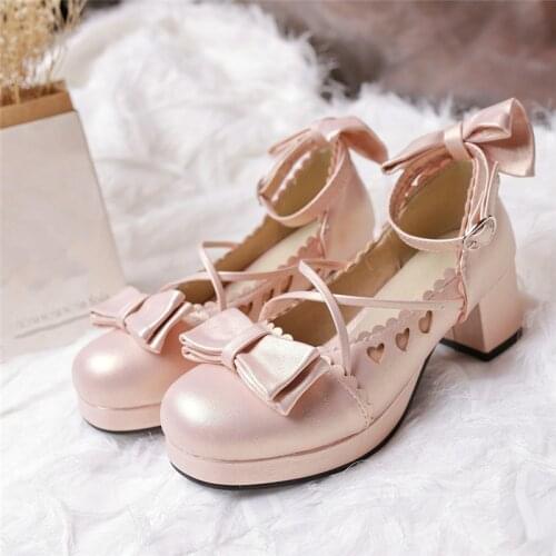 Lolita Shoes Blue Pink Sweet Platform Bow Pumps Block Heel Women Shoes 2020 Ankle Strap Grils Cute High Heels Ladies Shoes Gold