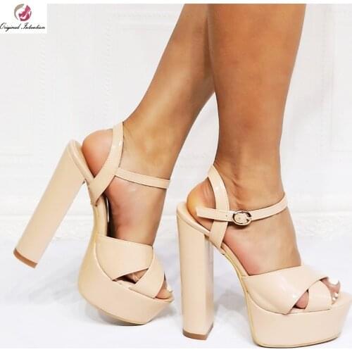 Women Sandals Patent Leather Shoes Platform Square Heel High Heels Sexy Peep Toe Slingback Causal Ladies Footwear Summer Apricot