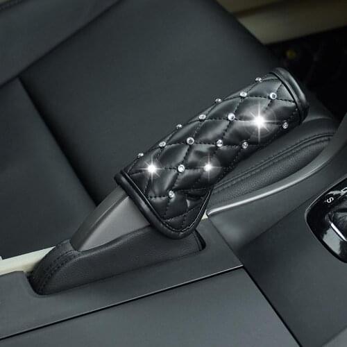 Bling Rhinestone Car Handbrake Grip Cover Crystal Black PU Leather Auto Decoration Accessories Protector