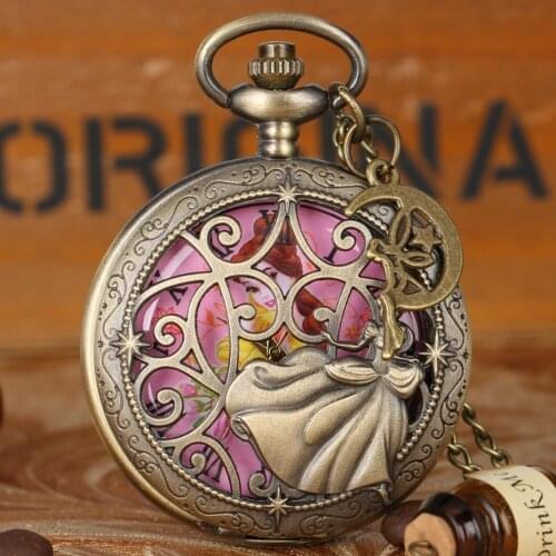 Fairy Dancing Lovely Princess Quartz Pocket Watch Exquisite Necklace Bronze Necklace Watch for Girl Women with Angel Accessory