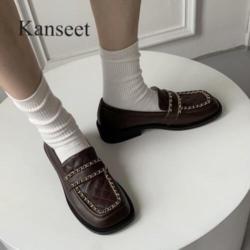 Kanseet Women Pumps 2021 Autumn New Chain Decoration Genuine Leather Square Toe Low Heels Loafers Handmade Daily Female Footwear