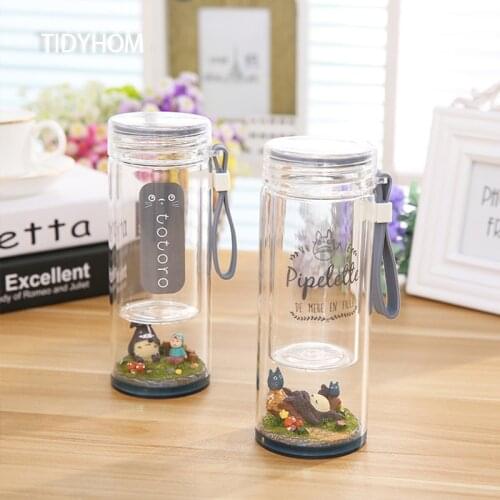 Universal 260ml Cute Creative My Neighbor Totoro Cartoon Micro Landscape Portable Glass Cup With Rope And Lid Water Cup Gift