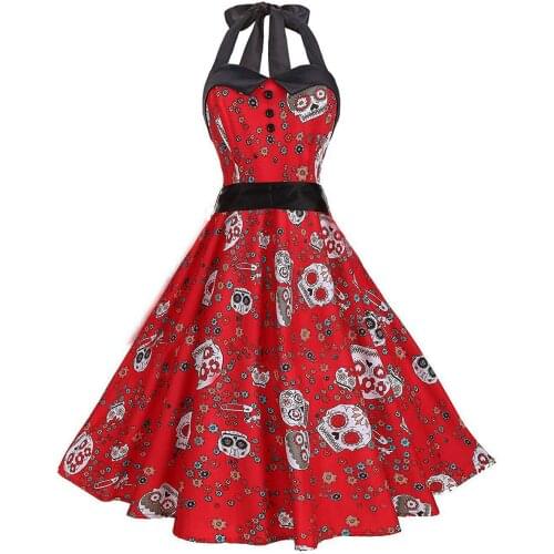 Vintage Gothic Women Patchwork Halter Midi Dress Skull Print Button E-girl Punk Clothes Club Party Festival Swing Pinup Dresses