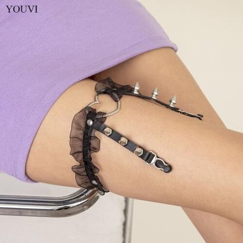 YOUVI Sexy Night Club Leg Chains Black Lace Metal Body jewelry Sword Belt Harness for Women Bikini Gothic Accessories Jewelry