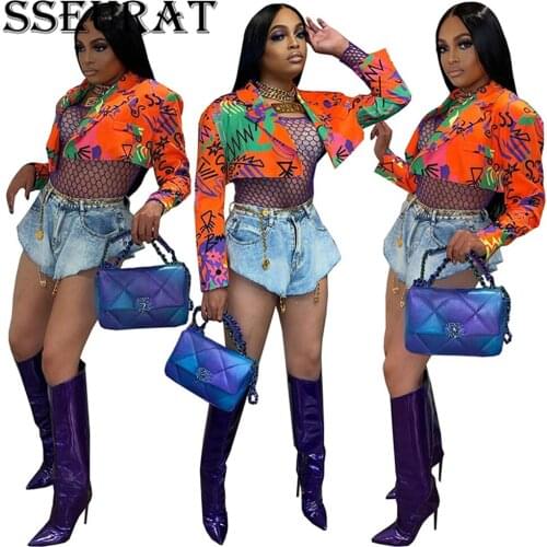SSEURAT Women Blazer Autumn Long Sleeve Graffiti Printed Notched Lapel Crop Top Blazer
