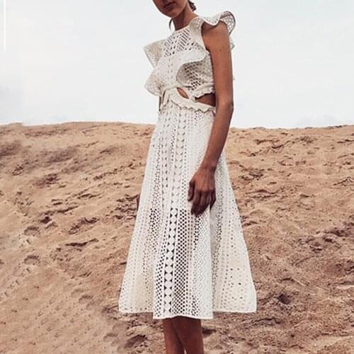 Fashion Runway Flower Summer Dress 2021 Fall Women Long Lantern Sleeve Hollow Out Embroidery Party Dresses Lace White Sundress
