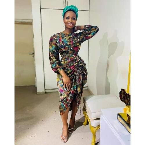 New Women Print Full Lantern Sleeve O-neck High Waist Shirring Mid Calf Loose A-line Dresses Office Lady Elegant Party Dress