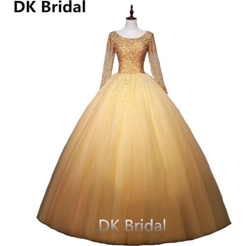 Gold Dubai Design Long Sleeves Evening Dresses 2019 Ball Gown Luxury Beading Crystal Evening Gowns Real Photo robe de soiree
