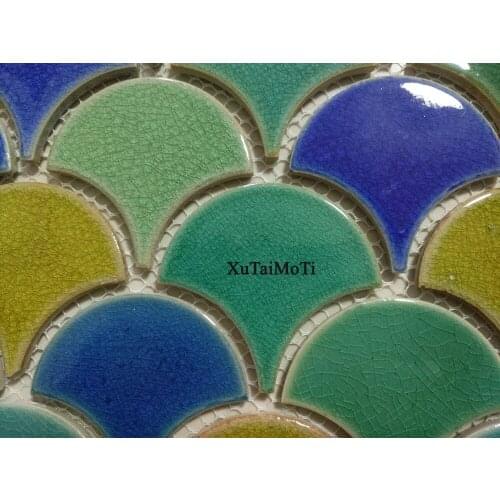 Hot Promation 11pcs blue green yellow fish scale ceramic mosaic tile kitchen backsplash bathroom wallpaper wall fan decoration