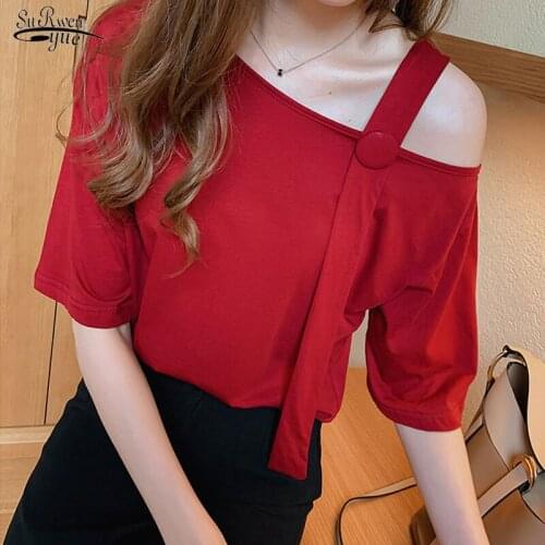 2021 Fashion Korean Loose Plus Size 4XL Ladies' Tops Summer Short Sleeve Solid Color Skew Collar Chiffon Blouse Women 9451 50