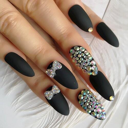 24PCSElegant party black free custom Rhinestone fake nail with matte tip design tips for natural fine high heel bow decoration