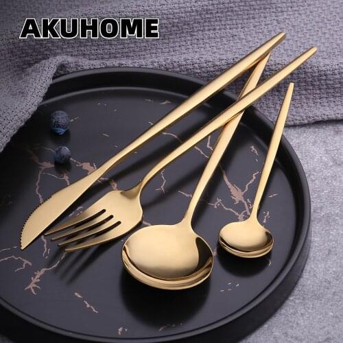 24pcs Gold Dinnerware Bright Black Portuguese Tableware Knife Fork Spoon Tableware Suit Dinnerware Set Spoon Fork Set Akuhome