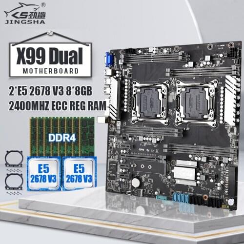 Jingsha X99 dual CPU motherboard set with 2*E5 2678V3 and 8*8GB=64GB LGA 2011V3 V4 support 8-channel max 2400mhz RAM
