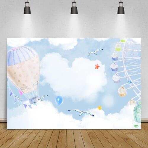Laeacco Baby Shower Cartoon Hot Air Balloon Ferris Wheel White Clouds Child Birthday Party Customized Photo Background Backdrop