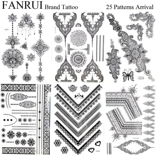 Summer Style Black Henna Mandala Temporary Tattoo Stickers Women Body Arm Art Water Transfer Tatoos Girl Lace Bracelet Leg Wrist