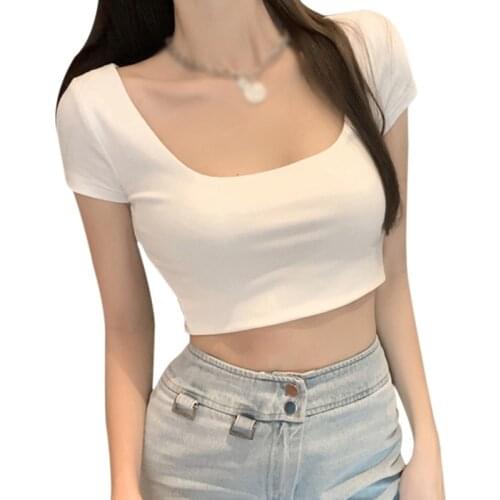 Summer Women Sexy Crop Top Short Sleeve T Shirt U Neck Basic Stretch Tshirts Harajuku Slim Fit Female T-shirt Cropped Tops Tees