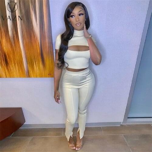 VAZN Summer 2021 European and American Womens Burned Pants With Holes Split Solid Color Sexy 2-Piece Set