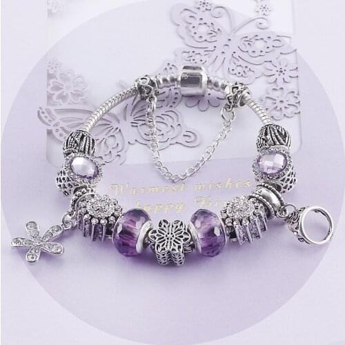 Hot Sell European Bracelets Crystal Charms Beads Fits European Bracelets & Bangles Purple Romantic Bracelets Birthday Gift