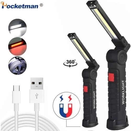 Magnetic Tail Work Light COB LED Work Lamp Portable USB Rechargeable Flashlight Repair Light with Hanging Hook 5 Modes Torch