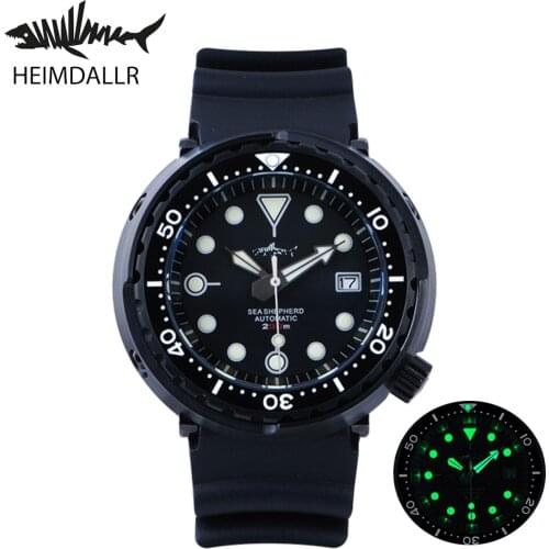 Heimdallr Mens Black Tuna Diver Watch Stainless Sapphire Glass NH35 Automatic Movement C3 Luminous 200m Waterproof Rubber Strap