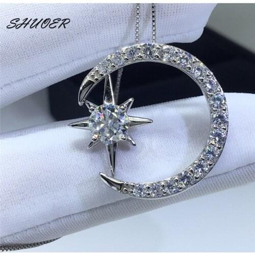 Classic 925 Sterling Silver Pass Diamond Tester Brilliant Cut 1 Carat D Color Moissanite Moon Pendant Necklace Women Jewelry