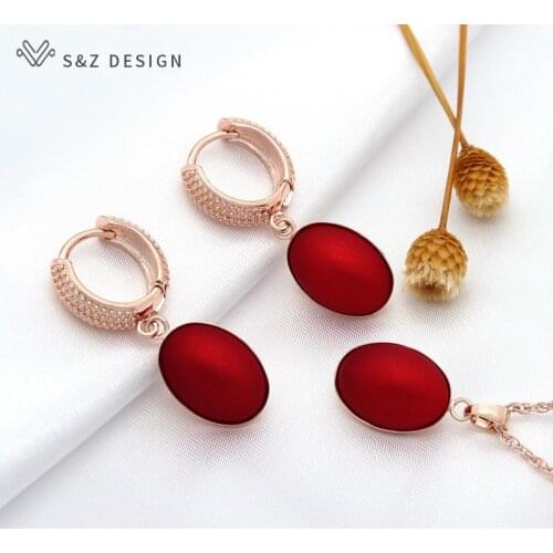 S&Z DESIGN Elegant Red Egg Shape Imitation Oval Pearl Dangle Earrings Necklace Jewelry Sets For Women Wedding Party Jewelry
