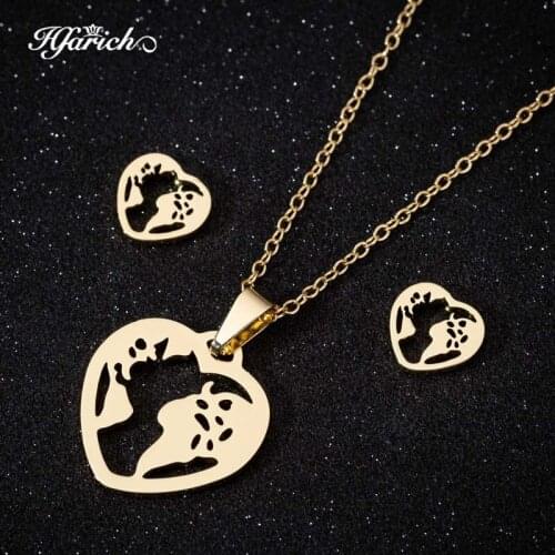 Sasusp Vintage World Map Necklace Women Stainless Steel Heart Chain Necklace and Earrings Sets Sister and Firend Gift