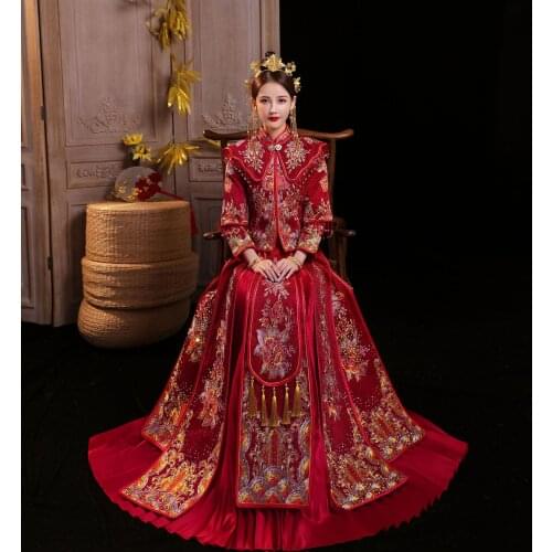 Bride Wedding Dress Chinese Style Floral Embroidery Cheongsam Exquisite Vintage Beading Costume Large Size 6XL