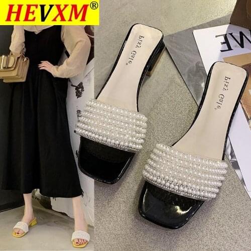 Shoes Women New Thick Heel Sandals Pearl Female Fashion Wild Slippers Square Heel String Bead Zapatillas Mujer Casa