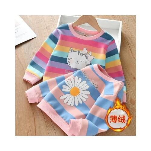 Girls Plus Velvet Long-sleeved Sweatshirt 2021 Spring Autumn Baby Girl Thin Velvet O-neck Print Top Childrens Rainbow Pullovers