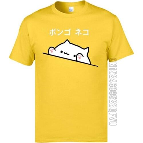Bongo Cat Japanese Kawaii T Shirt Mens 100% Cotton Yellow Cartoon Print Felidae Cute T Shirt For Student Round Collar