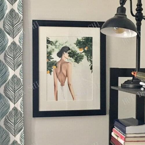 Woman and Orange Tree, Print of artwork, pastel painting of girl in white dress with green leaves, summer art