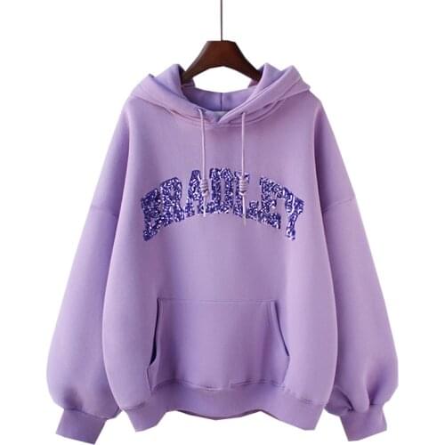 Women Winter Hoodie Fashion Sweatshirt Sequined Harajuku Letters Bradley Pullover Female Keep Warm Purple Casual Lady Coat New