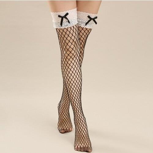2021 Women Sexy Hollow Out Fishnet Mesh Over Knee Long Socks Japanese Lolita Maid Sweet Lace Top Bowknot Thigh High Stockings
