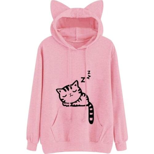 Harajuku Women Hoodies Sweatshirt Kawaii Pink Winter Cat Pattern Long Sleeve Moletom Hooded Sweatshirts Ear Hooed Mujer 2020