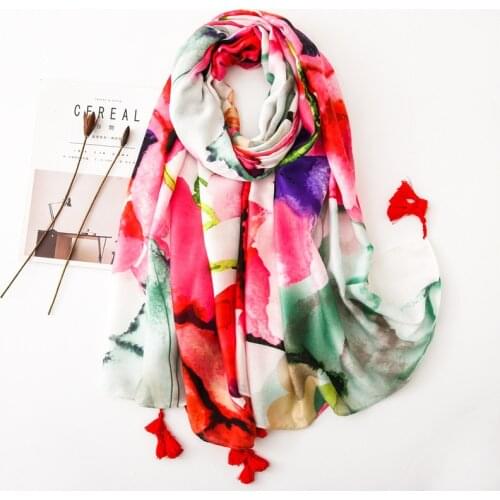 2020 Oil Painting Floral Long Scarf Shawl With Tassel For Women High Quality Lady Shawls and Wraps Muslim Hijabs