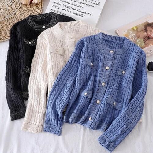2020 Autumn Women Twist Knitted Cardigan Pearl Buttons O Neck Solid Color Single Breasted Knitted Sweater Knitwear