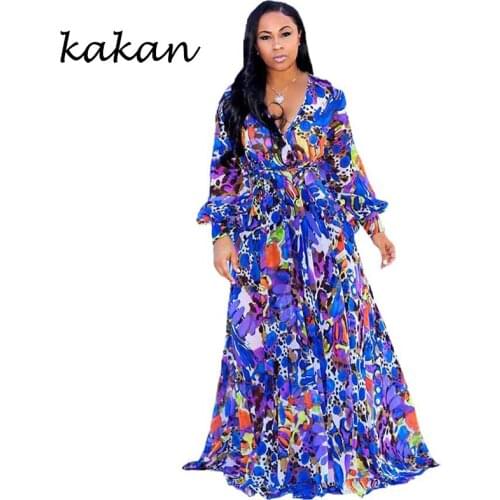 Kakan2019 autumn chiffon long dress womens digital print dress bohemian large size loose dress S-3XL-5XL