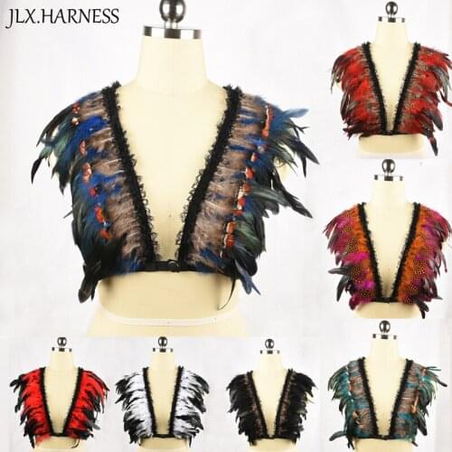 90s Fetish Feather Harness Colorful Plumage Feather Bodysuit Erotic Open Chest Cage Bra Goth Crop Top Bondage Lingerie O0299