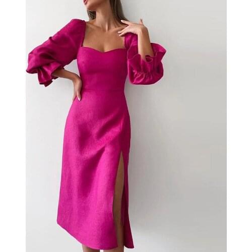 Retro Square Collar Women Solid Slim Party Dress Autumn Flare Sleeve Ladies Split A-Line Dress 2021 Female Sexy Backless Vestido