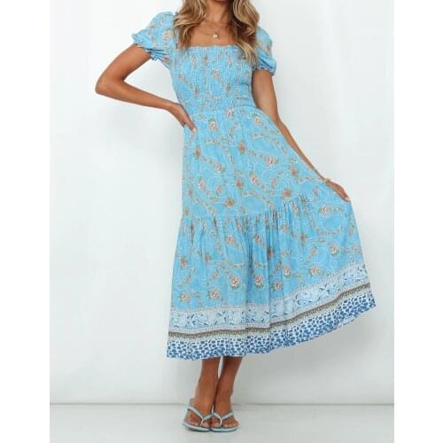 Happie Queens woman floral print square collar Bohemian mini dress ladies short sleeve happie dresses vestidos