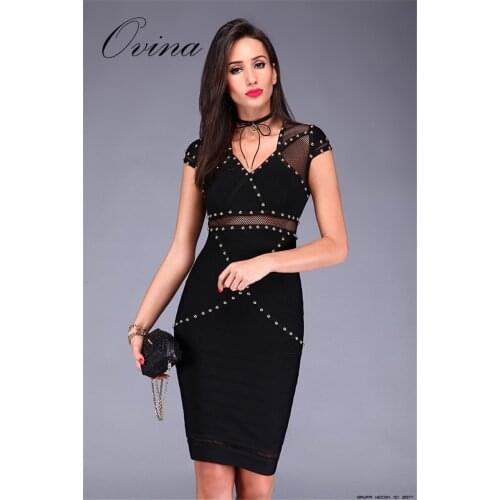 Rayon Black Sleeveless V Neck Rivet Above Knee Womens Bandage Dress Evening Party Dress