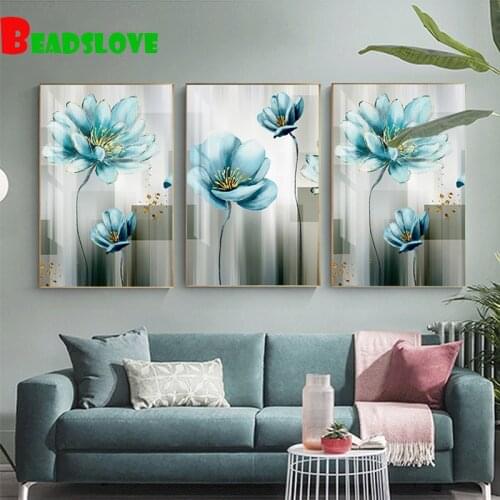 3pcs 5D DIY Diamond Painting Blue lotus Full Square round Drill Diamond Embroidery Cross Stitch G248