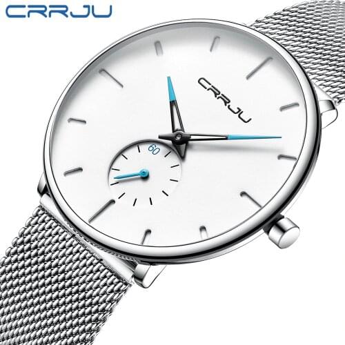 Mens Watches CRRJU Top Brand Luxury Men Quartz Watch Sliver Mesh Strap Casual Sport Watches for Mens Relogio Masculino 2150