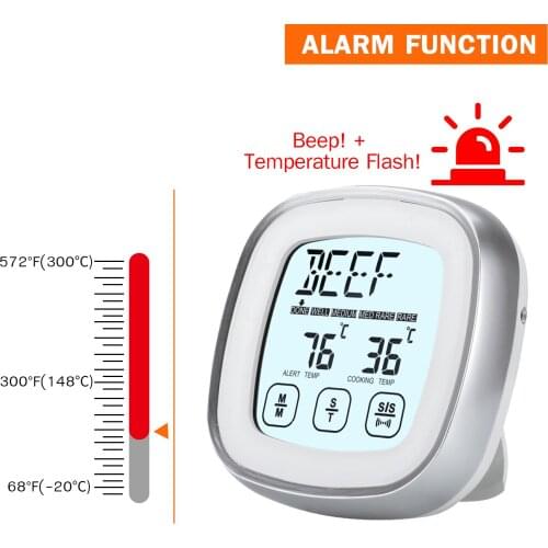 Digital Meat Thermometer for Oven BBQ Grill Food Smoker Cooking Backlight Touchscree with Timer Alarm and A Waterproof Probe
