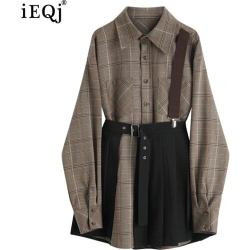 IEQJ Korean Style Elegant Plaid Strap Shirt + Pleated Skirt Set New Long Sleeve Loose Women Fashion Spring Autumn 2021 3F1585